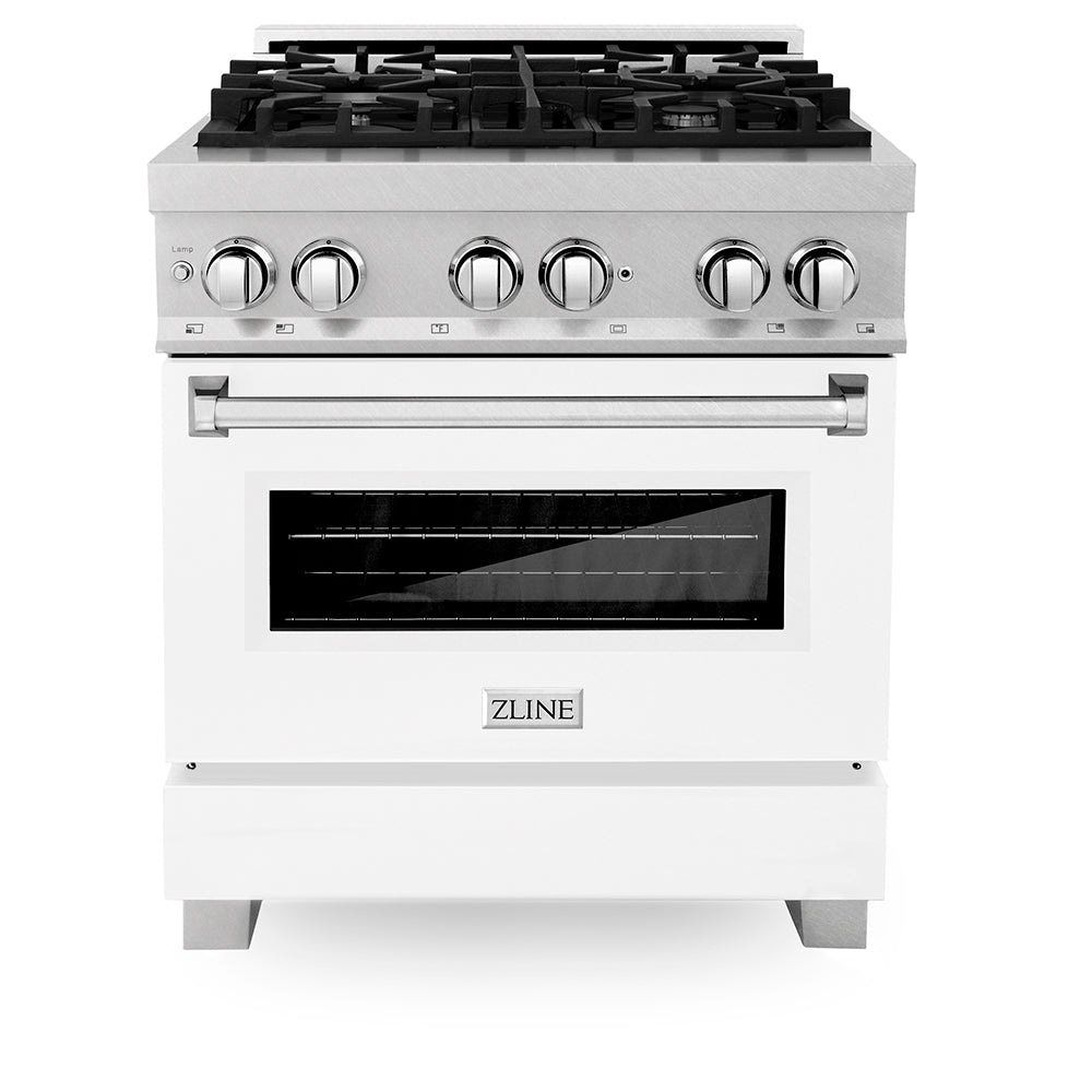 ZLINE 30 in. 4.0 cu. ft. Legacy Dual Fuel Range with 4 Burner Gas Cooktop and Electric Convection Oven in Satin Stainless Steel and White Matte Door (RAS-WM-30)