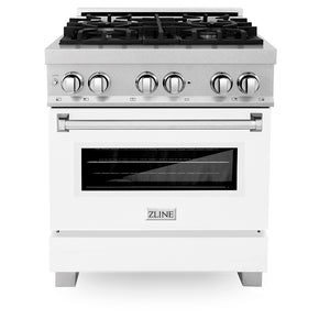 ZLINE 30 in. 4.0 cu. ft. Legacy Dual Fuel Range with 4 Burner Gas Cooktop and Electric Convection Oven in Satin Stainless Steel and White Matte Door (RAS-WM-30)