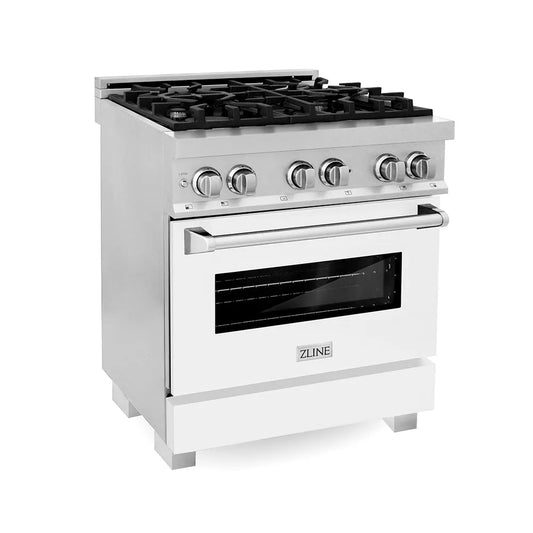 ZLINE 30 in. 4.0 cu. ft. Legacy Dual Fuel Range with 4 Burner Gas Cooktop and Electric Convection Oven in Satin Stainless Steel and White Matte Door (RAS-WM-30) main image.