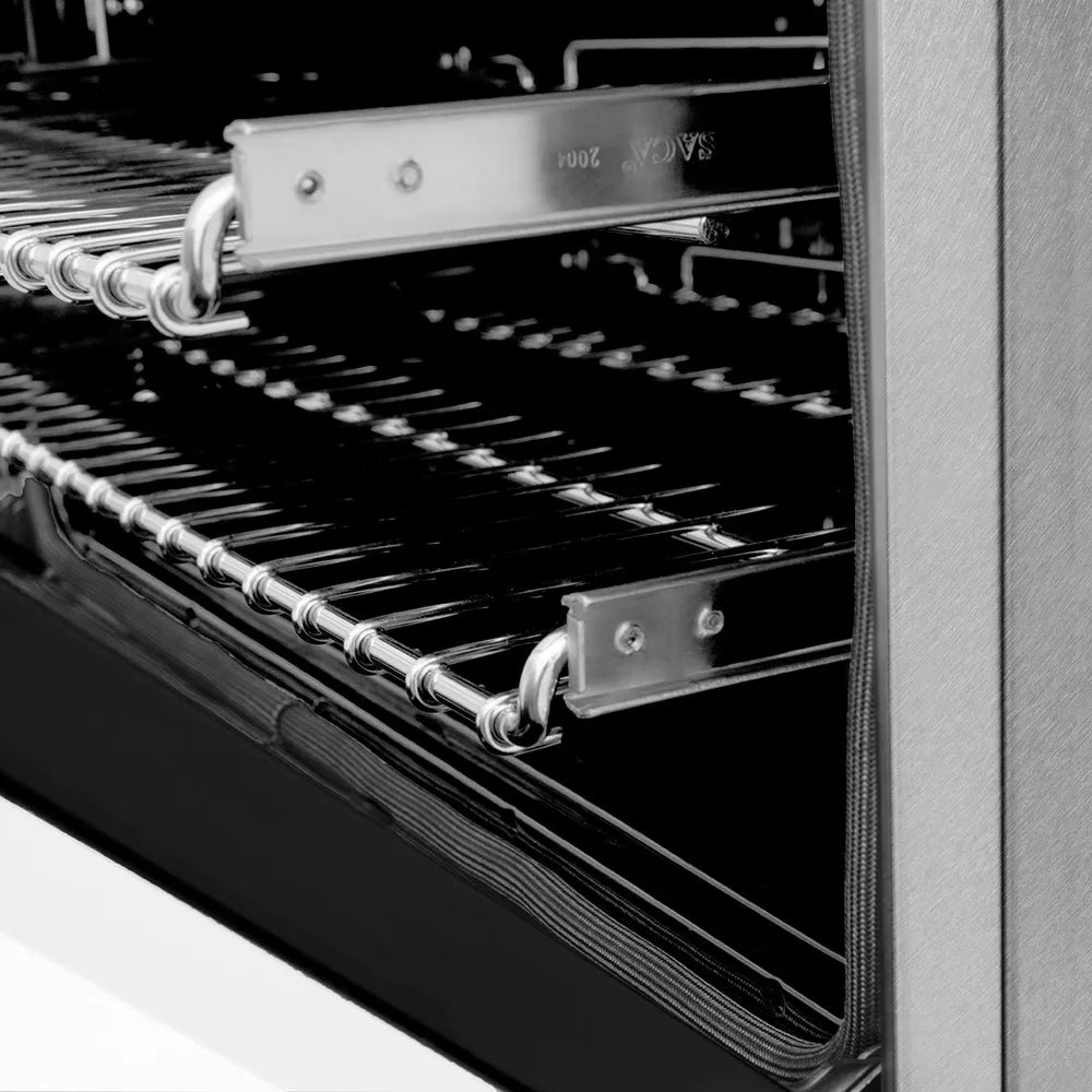 ZLINE 30 in. 4.0 cu. ft. Legacy Dual Fuel Range with 4 Burner Gas Cooktop and Electric Convection Oven in Satin Stainless Steel and White Matte Door (RAS-WM-30) oven with open door showing interior racks.