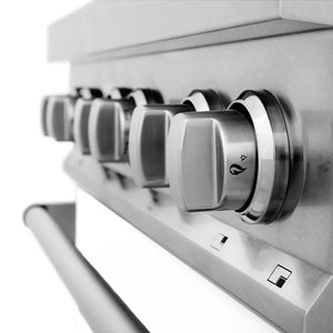 ZLINE 30 in. 4.0 cu. ft. Legacy Dual Fuel Range with 4 Burner Gas Cooktop and Electric Convection Oven in Satin Stainless Steel and White Matte Door (RAS-WM-30) control knobs on a white background
