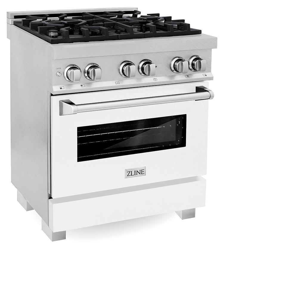 ZLINE 30 in. 4.0 cu. ft. Legacy Dual Fuel Range with 4 Burner Gas Cooktop and Electric Convection Oven in Satin Stainless Steel and White Matte Door (RAS-WM-30)