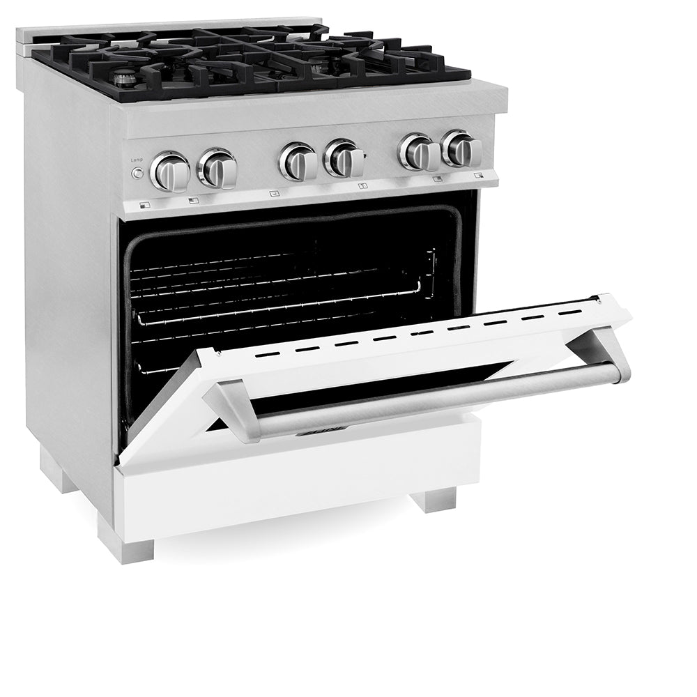 ZLINE 30 in. 4.0 cu. ft. Legacy Dual Fuel Range with 4 Burner Gas Cooktop and Electric Convection Oven in Satin Stainless Steel and White Matte Door (RAS-WM-30)