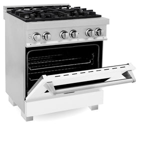 ZLINE 30 in. 4.0 cu. ft. Legacy Dual Fuel Range with 4 Burner Gas Cooktop and Electric Convection Oven in Satin Stainless Steel and White Matte Door (RAS-WM-30)