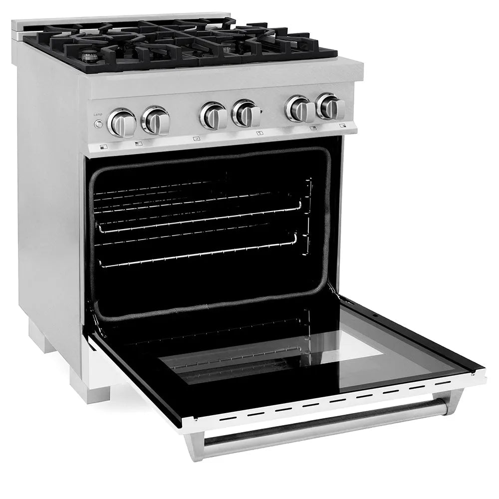 ZLINE 30 in. 4.0 cu. ft. Legacy Dual Fuel Range with 4 Burner Gas Cooktop and Electric Convection Oven in Satin Stainless Steel and White Matte Door (RAS-WM-30) side, oven open.