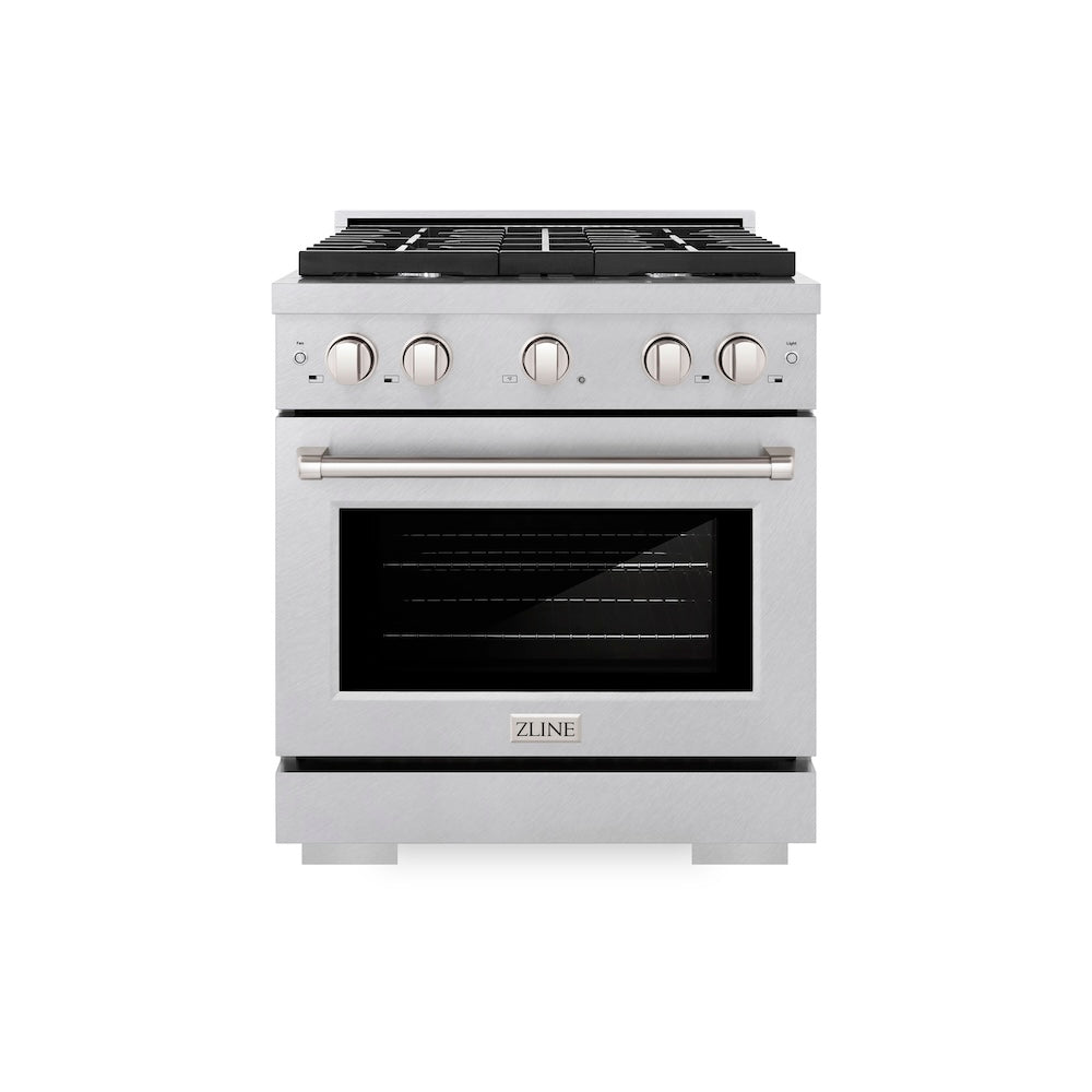 ZLINE 30 in. 4.2 cu. ft. Paramount Dual Fuel Range with 4 Burner Gas Cooktop and Electric Convection Oven in Satin Stainless Steel (SDRS-30) front.