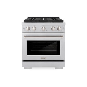 ZLINE 30 in. 4.2 cu. ft. Paramount Dual Fuel Range with 4 Burner Gas Cooktop and Electric Convection Oven in Satin Stainless Steel (SDRS-30) front.