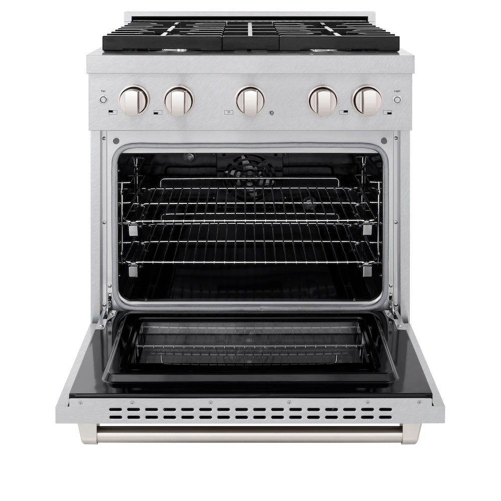 ZLINE 30 in. 4.2 cu. ft. Paramount Dual Fuel Range with 4 Burner Gas Cooktop and Electric Convection Oven in Satin Stainless Steel (SDRS-30) front, open.
