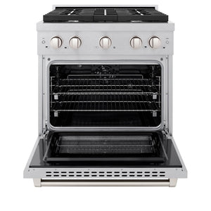 ZLINE 30 in. 4.2 cu. ft. Paramount Dual Fuel Range with 4 Burner Gas Cooktop and Electric Convection Oven in Satin Stainless Steel (SDRS-30) front, open.
