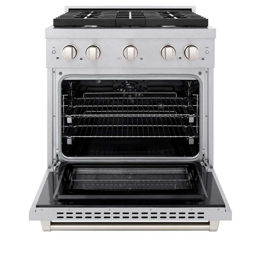 ZLINE 30 in. 4.2 cu. ft. Paramount Dual Fuel Range with 4 Burner Gas Cooktop and Electric Convection Oven in Satin Stainless Steel (SDRS-30) front, open.