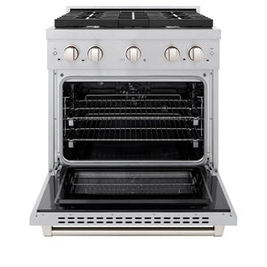 ZLINE 30 in. 4.2 cu. ft. Paramount Dual Fuel Range with 4 Burner Gas Cooktop and Electric Convection Oven in Satin Stainless Steel (SDRS-30) front, open.