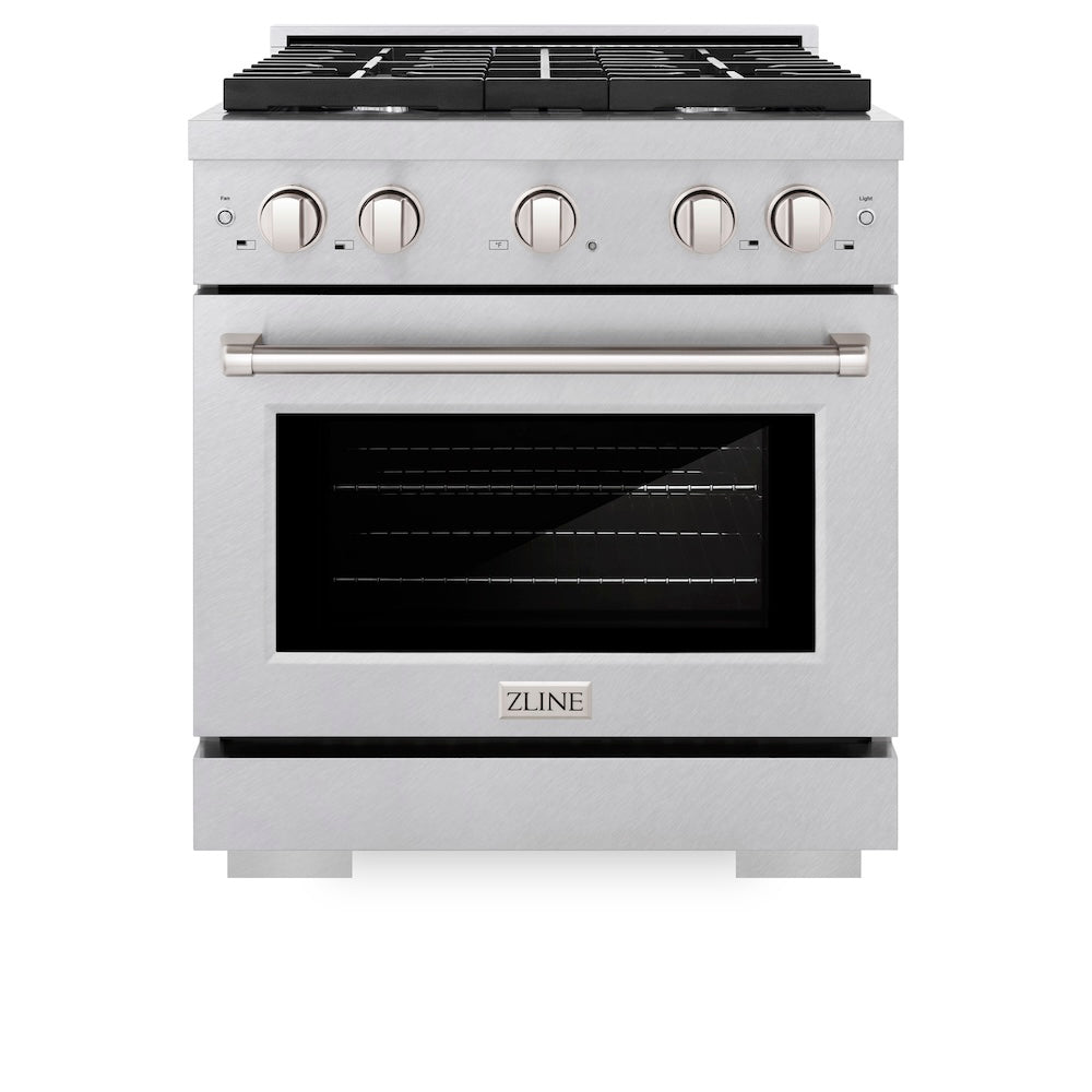 ZLINE 30 in. 4.2 cu. ft. Paramount Dual Fuel Range with 4 Burner Gas Cooktop and Electric Convection Oven in Satin Stainless Steel (SDRS-30) front, oven closed.