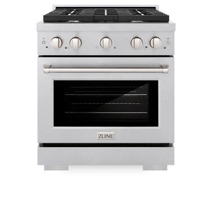ZLINE 30 in. 4.2 cu. ft. Paramount Dual Fuel Range with 4 Burner Gas Cooktop and Electric Convection Oven in Satin Stainless Steel (SDRS-30) front, oven closed.