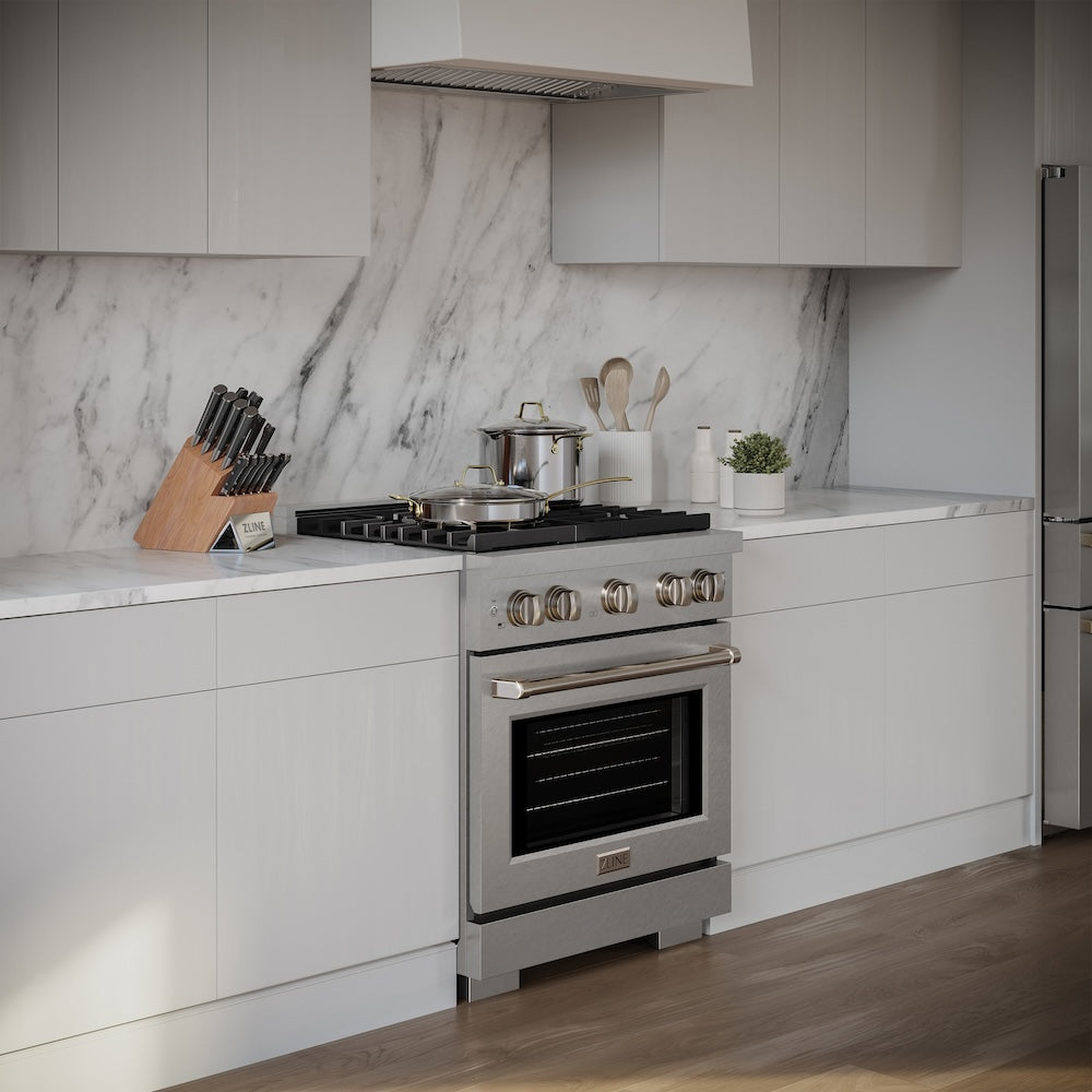 ZLINE 30 in. 4.2 cu. ft. Paramount Dual Fuel Range with 4 Burner Gas Cooktop and Electric Convection Oven in Satin Stainless Steel (SDRS-30) in a luxury kitchen, side.