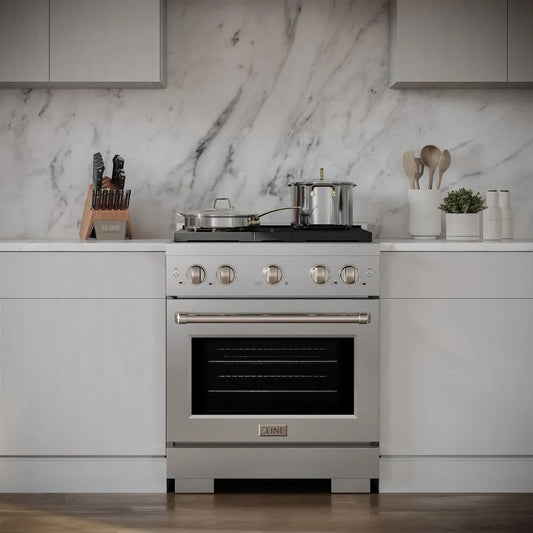 ZLINE 30 in. 4.2 cu. ft. Paramount Dual Fuel Range with 4 Burner Gas Cooktop and Electric Convection Oven in Satin Stainless Steel (SDRS-30) in a modern kitchen with marble backsplash