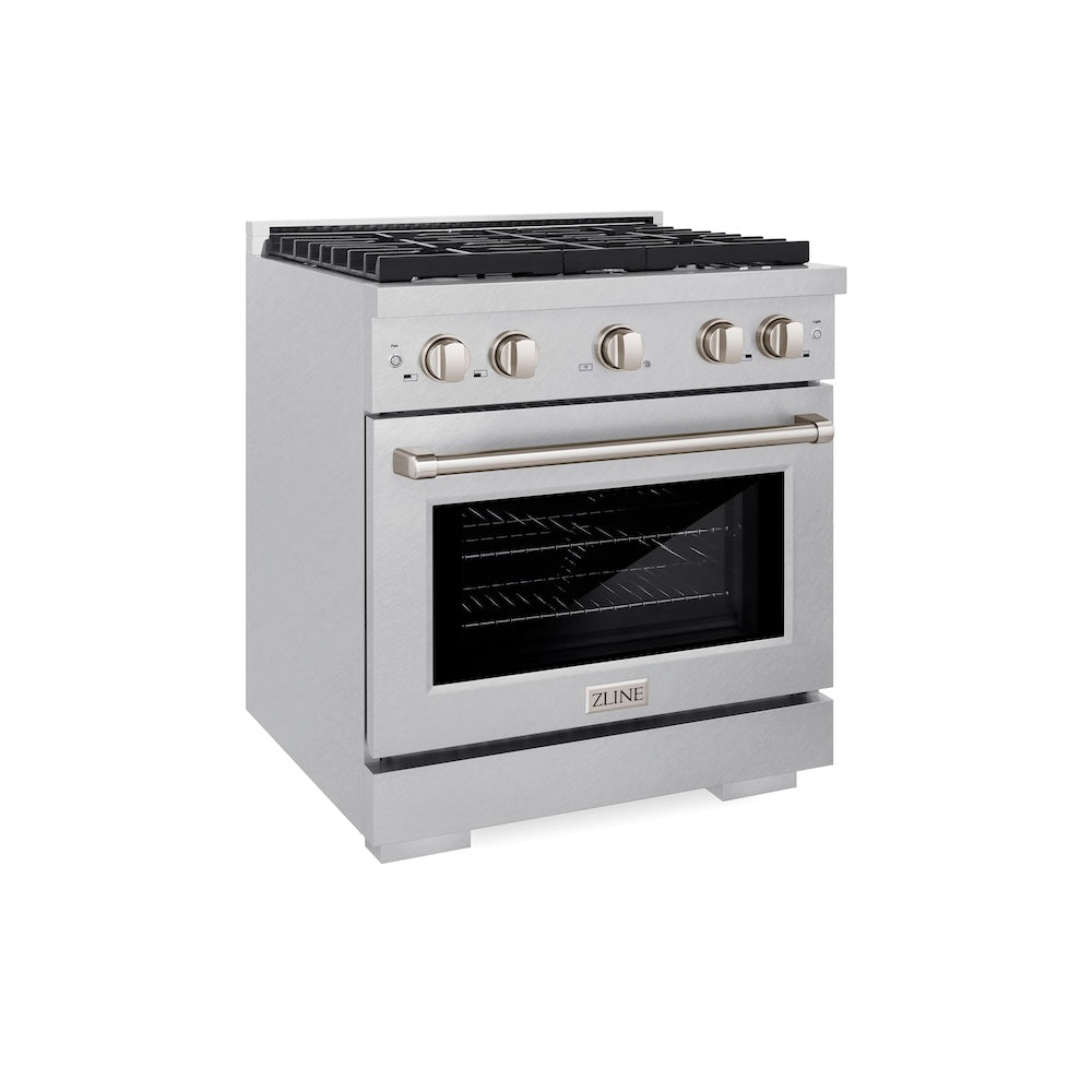 ZLINE 30 in. 4.2 cu. ft. Paramount Dual Fuel Range with 4 Burner Gas Cooktop and Electric Convection Oven in Satin Stainless Steel (SDRS-30) side.