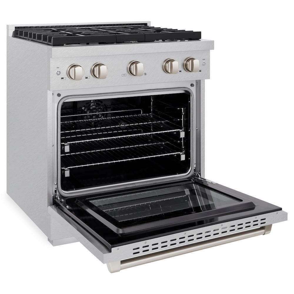 ZLINE 30 in. 4.2 cu. ft. Paramount Dual Fuel Range with 4 Burner Gas Cooktop and Electric Convection Oven in Satin Stainless Steel (SDRS-30) side, oven open.