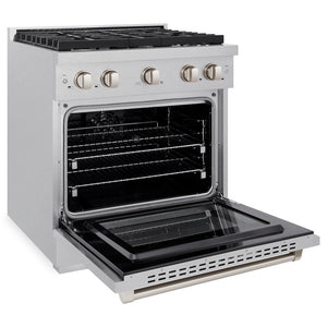ZLINE 30 in. 4.2 cu. ft. Paramount Dual Fuel Range with 4 Burner Gas Cooktop and Electric Convection Oven in Satin Stainless Steel (SDRS-30) side, oven open.