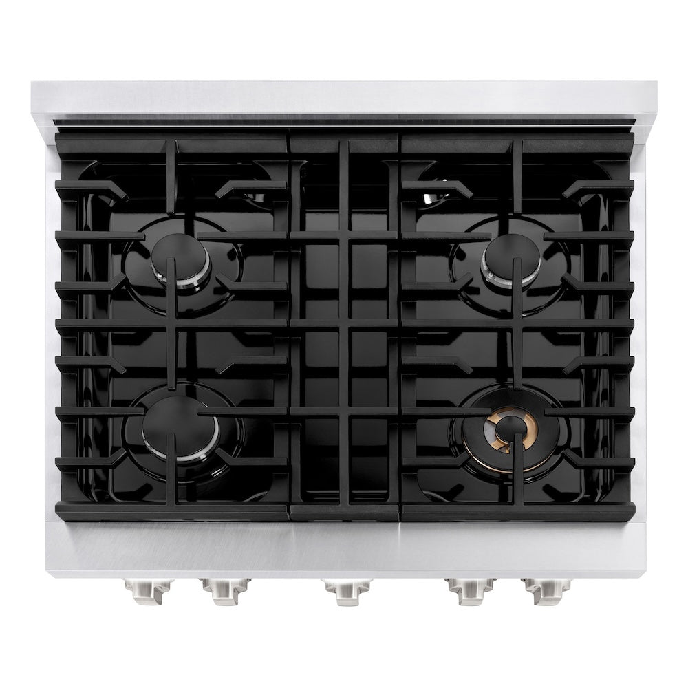 ZLINE 30 in. 4.2 cu. ft. Paramount Dual Fuel Range with 4 Burner Gas Cooktop and Electric Convection Oven in Satin Stainless Steel (SDRS-30) top down, above cooktop.