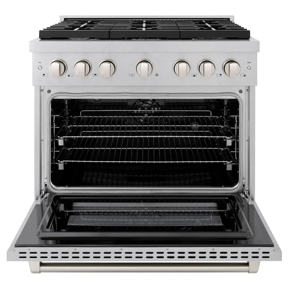 ZLINE 36 in. 5.2 cu. ft. Paramount Dual Fuel Range with 6 Burner Gas Cooktop and Electric Convection Oven in Satin Stainless Steel (SDRS-36) front, open.
