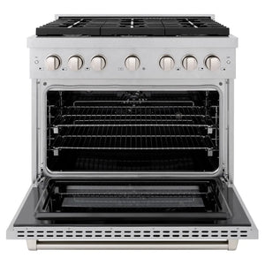 ZLINE 36 in. 5.2 cu. ft. Paramount Dual Fuel Range with 6 Burner Gas Cooktop and Electric Convection Oven in Satin Stainless Steel (SDRS-36) front, open.