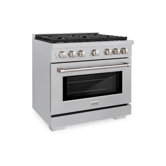 ZLINE 36 in. 5.2 cu. ft. Paramount Dual Fuel Range with 6 Burner Gas Cooktop and Electric Convection Oven in Satin Stainless Steel (SDRS-36) side.