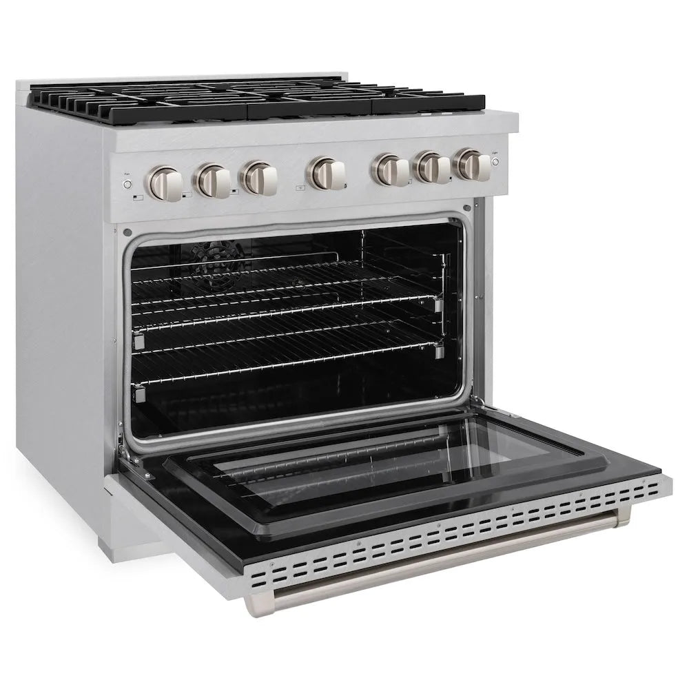 ZLINE 36 in. 5.2 cu. ft. Paramount Dual Fuel Range with 6 Burner Gas Cooktop and Electric Convection Oven in Satin Stainless Steel (SDRS-36) side, oven open.