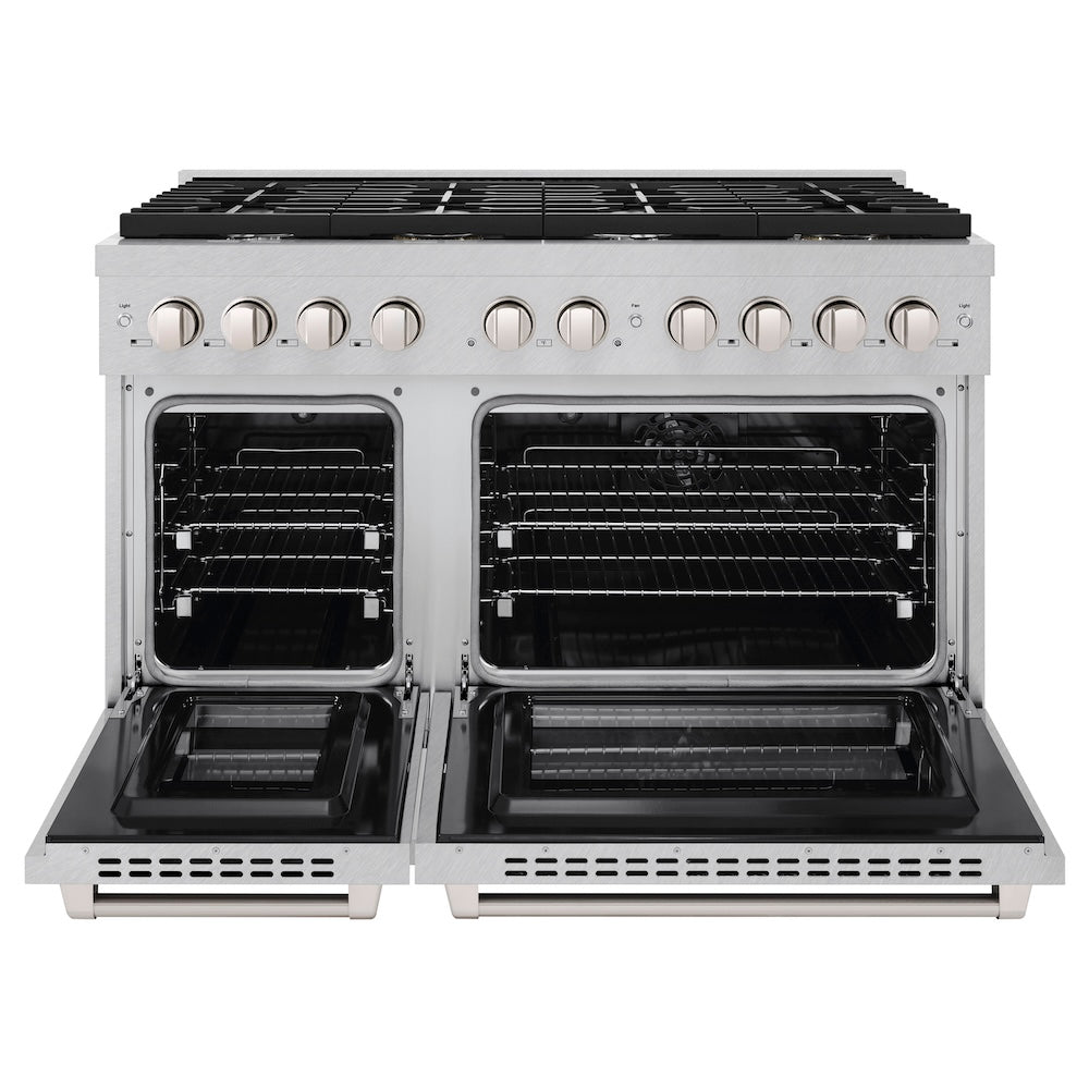 ZLINE 48 in. 6.7 cu. ft. Paramount Double Oven Dual Fuel Range with 8 Burner Gas Cooktop in Satin Stainless Steel (SDRS-48) front, open.