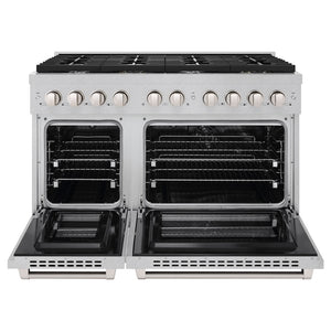 ZLINE 48 in. 6.7 cu. ft. Paramount Double Oven Dual Fuel Range with 8 Burner Gas Cooktop in Satin Stainless Steel (SDRS-48) front, open.