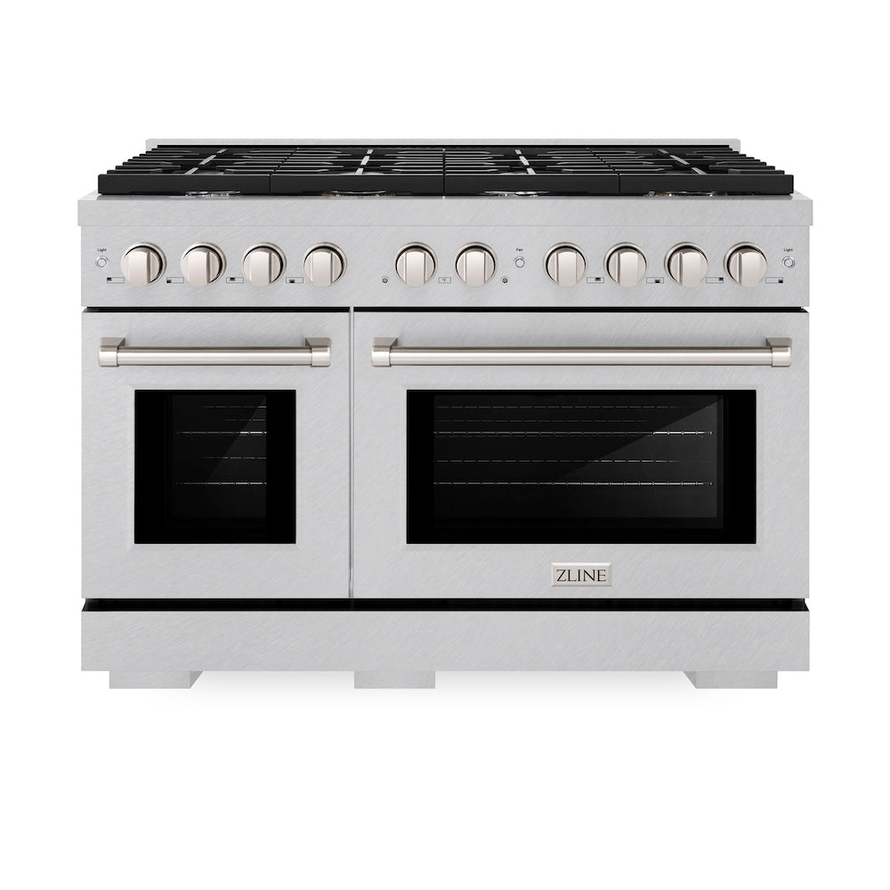 ZLINE 48 in. 6.7 cu. ft. Paramount Double Oven Dual Fuel Range with 8 Burner Gas Cooktop in Satin Stainless Steel (SDRS-48) front, oven closed.
