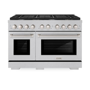 ZLINE 48 in. 6.7 cu. ft. Paramount Double Oven Dual Fuel Range with 8 Burner Gas Cooktop in Satin Stainless Steel (SDRS-48) front, oven closed.