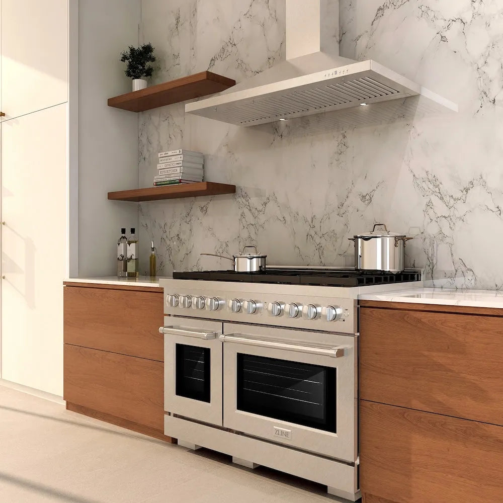 ZLINE 48 in. 6.7 cu. ft. Paramount Double Oven Dual Fuel Range with 8 Burner Gas Cooktop in Satin Stainless Steel (SDRS-48) in a modern kitchen with stainless steel range hood, wood cabinets, and a marble wall.