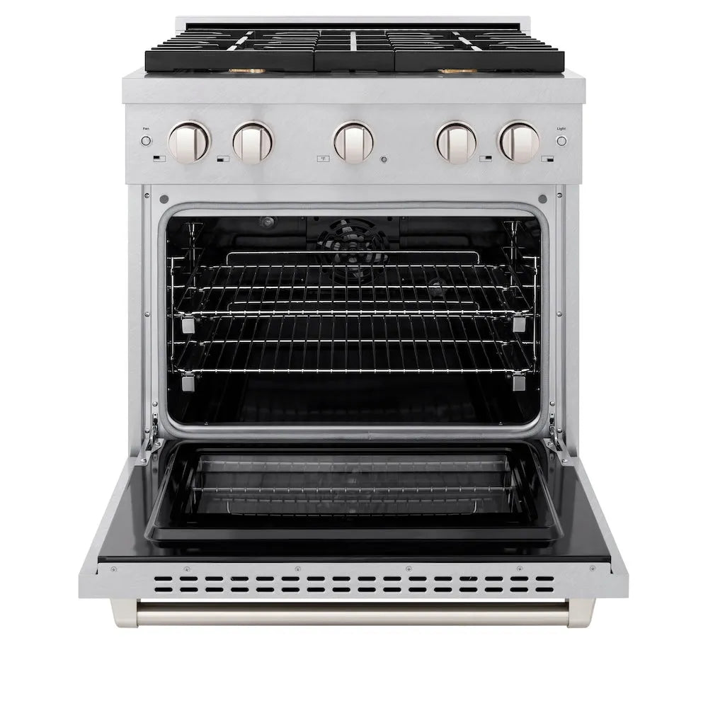 ZLINE 30 in. 4.2 cu. ft. Paramount Dual Fuel Range with Gas Cooktop and Electric Convection Oven in Satin Stainless Steel with 4 Brass Burners (SDRS-BR-30) front, open.