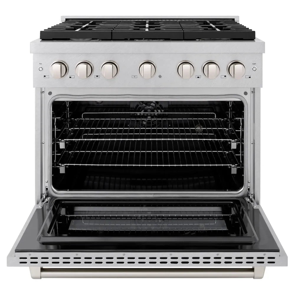 ZLINE 36 in. 5.2 cu. ft. Paramount Dual Fuel Range with Gas Cooktop and Electric Convection Oven in Satin Stainless Steel with 6 Brass Burners (SDRS-BR-36) front, open.