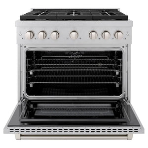 ZLINE 36 in. 5.2 cu. ft. Paramount Dual Fuel Range with Gas Cooktop and Electric Convection Oven in Satin Stainless Steel with 6 Brass Burners (SDRS-BR-36) front, open.