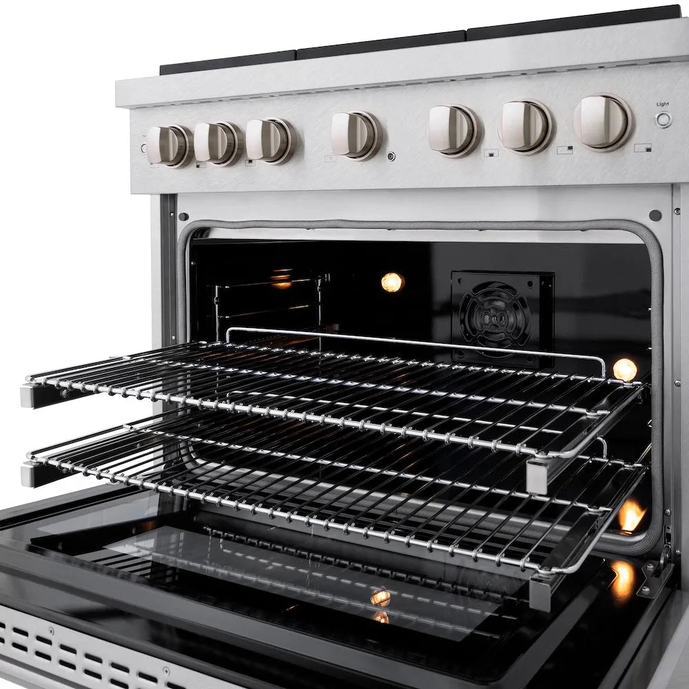 ZLINE 36 in. 5.2 cu. ft. Paramount Dual Fuel Range with Gas Cooktop and Electric Convection Oven in Satin Stainless Steel with 6 Brass Burners (SDRS-BR-36) with open door showing interior racks and heating elements.