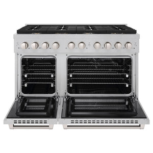 ZLINE 48 in. 6.7 cu. ft. Paramount Double Oven Dual Fuel Range in Satin Stainless Steel with 8 Brass Burners (SDRS-BR-48) front, open.