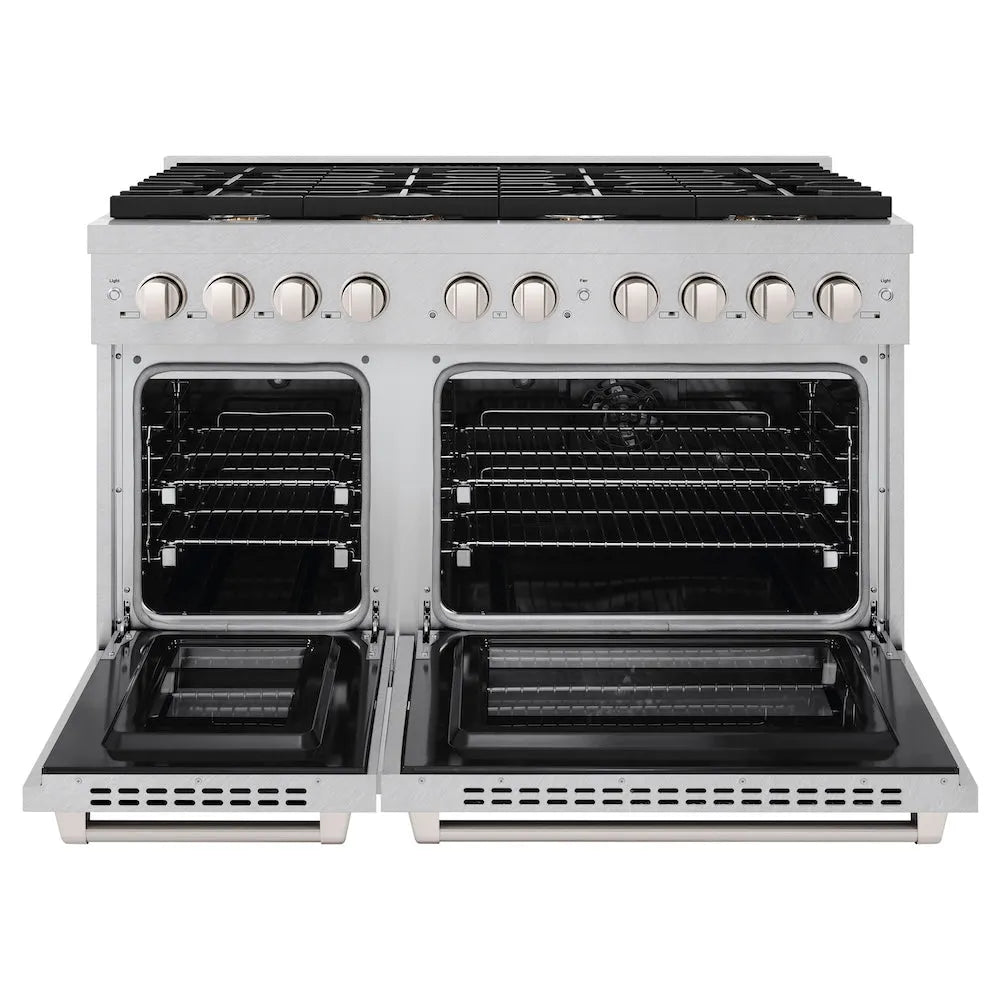 ZLINE 48 in. 6.7 cu. ft. Paramount Double Oven Dual Fuel Range in Satin Stainless Steel with 8 Brass Burners (SDRS-BR-48) front, open.