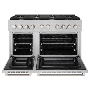 ZLINE 48 in. 6.7 cu. ft. Paramount Double Oven Dual Fuel Range in Satin Stainless Steel with 8 Brass Burners (SDRS-BR-48) front, open.
