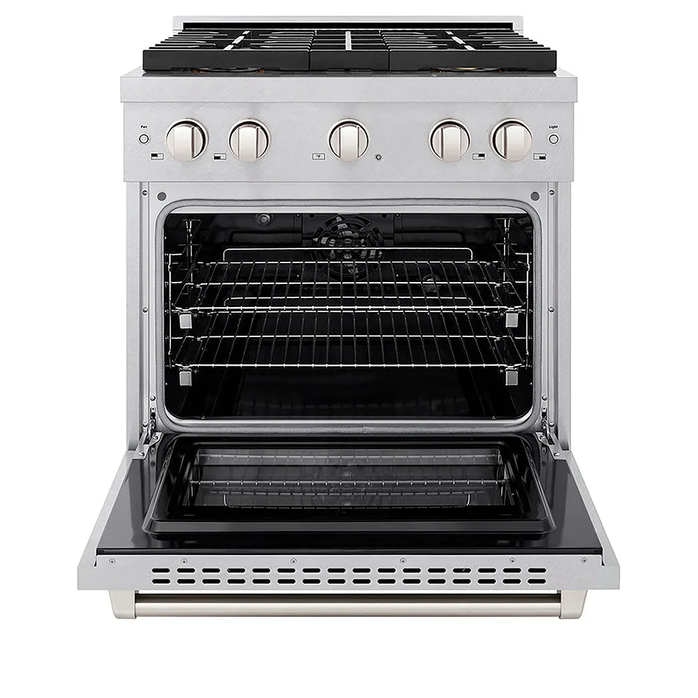 ZLINE 30 in. 4.2 cu. ft. Paramount Dual Fuel Range with 4 Burner DuoPro™ Cooktop and Electric Convection Oven in Satin Stainless Steel (PSDRS-30) front, oven open.