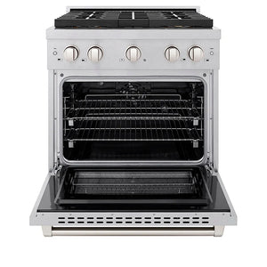 ZLINE 30 in. 4.2 cu. ft. Paramount Dual Fuel Range with 4 Burner DuoPro™ Cooktop and Electric Convection Oven in Satin Stainless Steel (PSDRS-30) front, oven open.