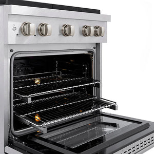 ZLINE 30 in. 4.2 cu. ft. Paramount Dual Fuel Range with 4 Burner DuoPro™ Cooktop and Electric Convection Oven in Satin Stainless Steel (PSDRS-30) close-up, oven open with racks extended, showing design and structure.