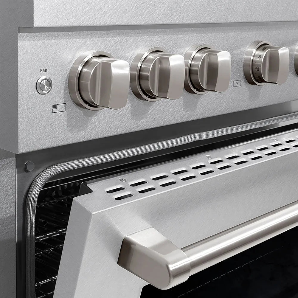 ZLINE 36 in. 5.2 cu. ft. Paramount Dual Fuel Range with 6 Burner DuoPro™ Cooktop and Electric Convection Oven in Satin Stainless Steel (PSDRS-36) oven door slightly open showing handle detail.