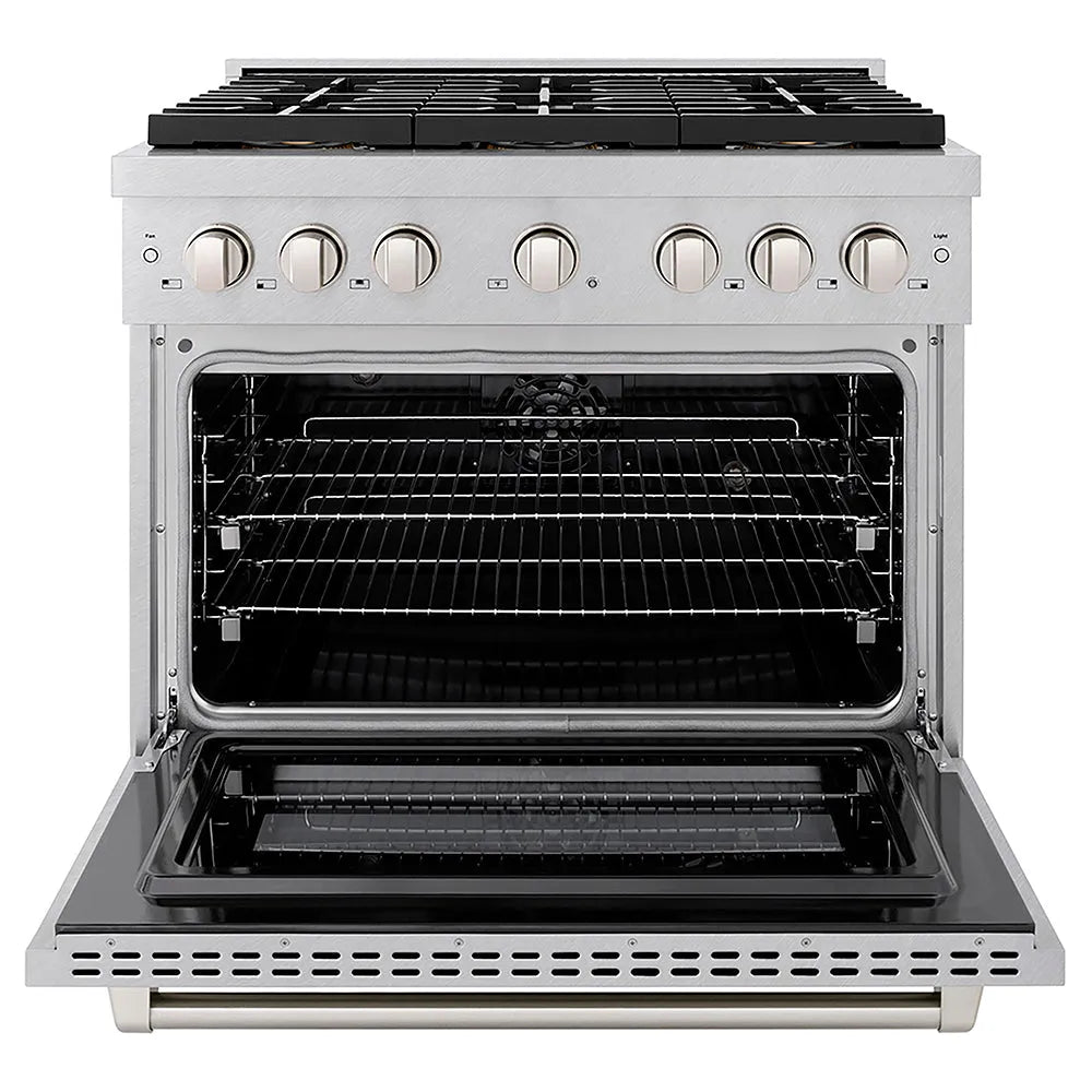 ZLINE 36 in. 5.2 cu. ft. Paramount Dual Fuel Range with 6 Burner DuoPro™ Cooktop and Electric Convection Oven in Satin Stainless Steel (PSDRS-36) front, oven open.