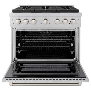 ZLINE 36 in. 5.2 cu. ft. Paramount Dual Fuel Range with 6 Burner DuoPro™ Cooktop and Electric Convection Oven in Satin Stainless Steel (PSDRS-36) front, oven open.