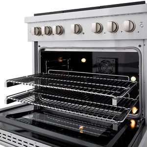 ZLINE 36 in. 5.2 cu. ft. Paramount Dual Fuel Range with 6 Burner DuoPro™ Cooktop and Electric Convection Oven in Satin Stainless Steel (PSDRS-36) with open door showing interior racks and heating elements.