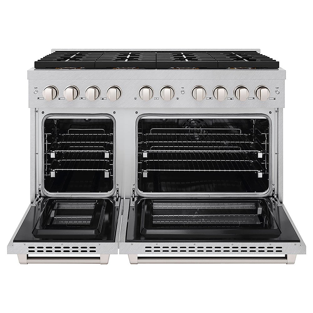 ZLINE 48 in. 6.7 cu. ft. Paramount Dual Fuel Range with 8 Burner DuoPro™ Cooktop and Dual Ovens in Satin Stainless Steel (PSDRS-48) front, oven open.