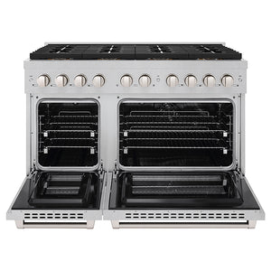 ZLINE 48 in. 6.7 cu. ft. Paramount Dual Fuel Range with 8 Burner DuoPro™ Cooktop and Dual Ovens in Satin Stainless Steel (PSDRS-48) front, oven open.