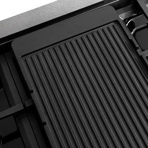ZLINE 48 in. 6.7 cu. ft. Paramount Dual Fuel Range with 8 Burner DuoPro™ Cooktop and Dual Ovens in Satin Stainless Steel (PSDRS-48) reversible griddle ribbed side.