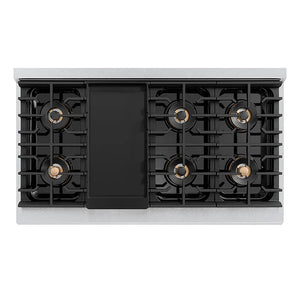 ZLINE 48 in. 6.7 cu. ft. Paramount Dual Fuel Range with 8 Burner DuoPro™ Cooktop and Dual Ovens in Satin Stainless Steel (PSDRS-48) top-down, above cooktop.